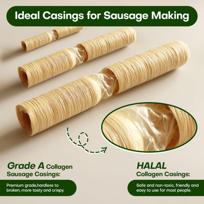 VONSYONG HALAL Sausage Casing, Grade A Edible Drying Collagen Sausage Casings for Flavorous Homemade Sausages 14m/46ft