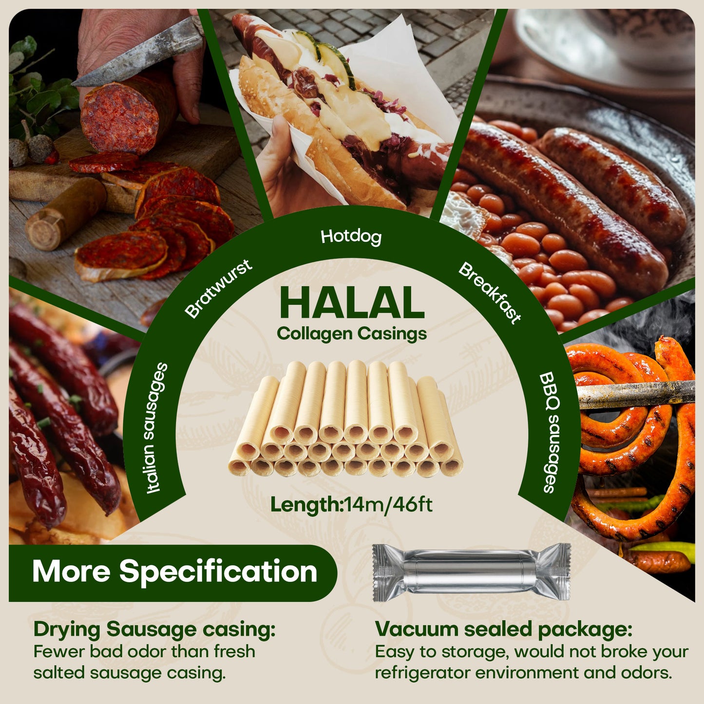 VONSYONG HALAL Sausage Casing, Grade A Edible Drying Collagen Sausage Casings for Flavorous Homemade Sausages 14m/46ft