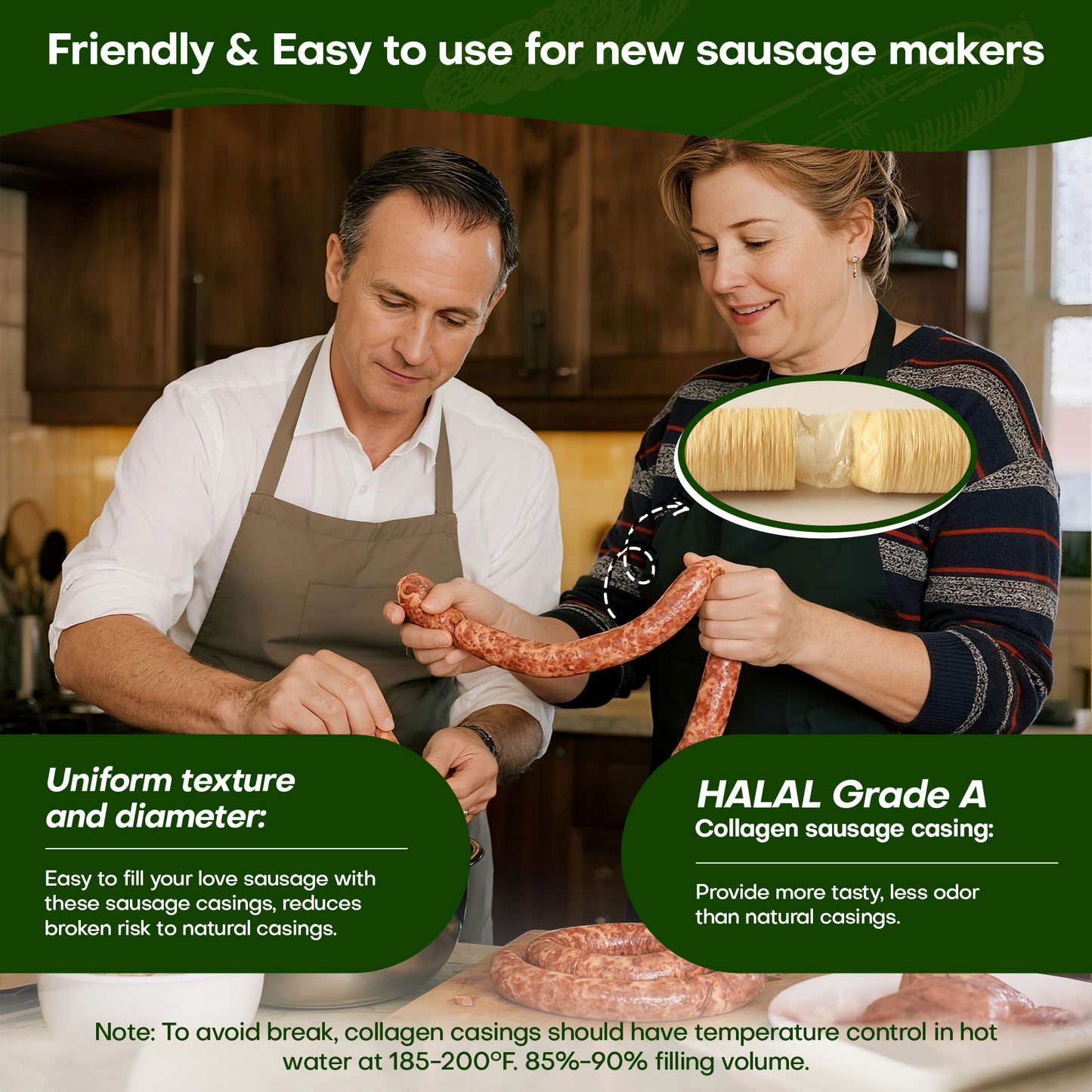 VONSYONG HALAL Sausage Casing, Grade A Edible Drying Collagen Sausage Casings for Flavorous Homemade Sausages 14m/46ft