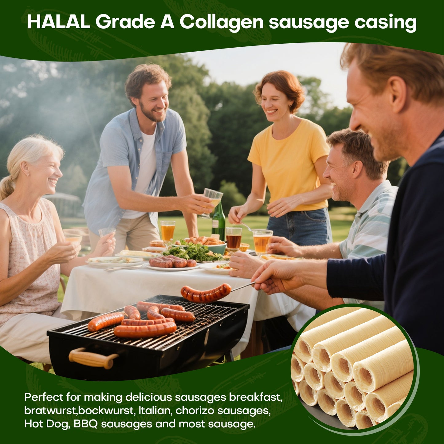 VONSYONG HALAL Sausage Casing, Grade A Edible Drying Collagen Sausage Casings for Flavorous Homemade Sausages 14m/46ft