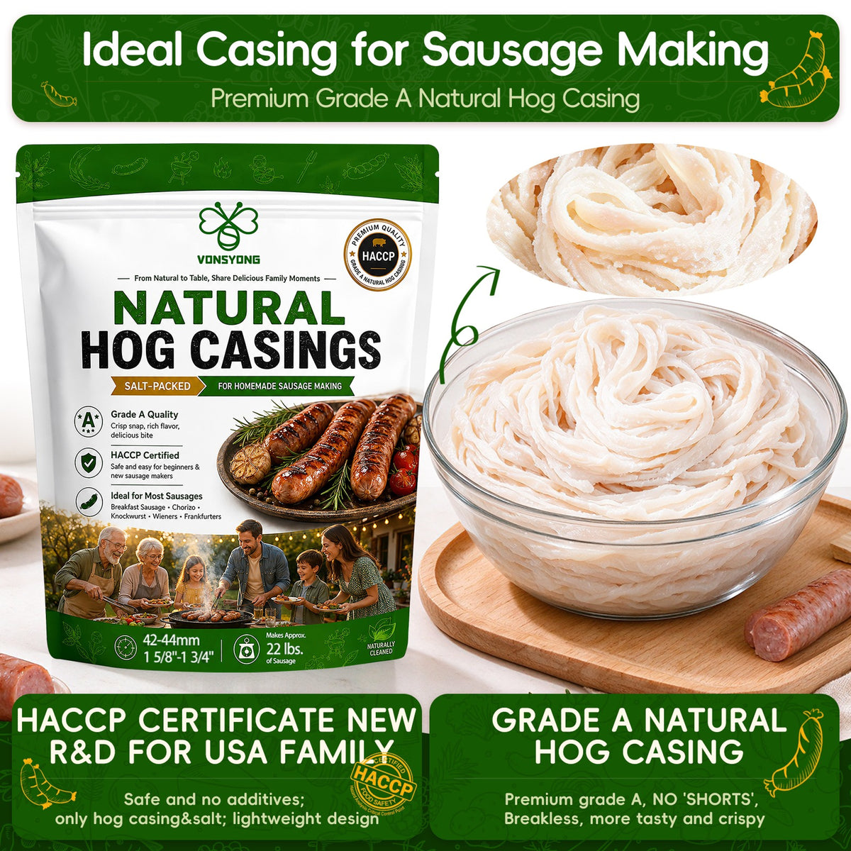 VONSYONG Natural Hog Sausage Casings, Grade A Edible Natural Casings For Breakfast, Italian, Pepperoni, Bratwurst, Bologna,Hot Dog, Pork Links Sausage Making,Hog Casings for Sausage,32ft/10M