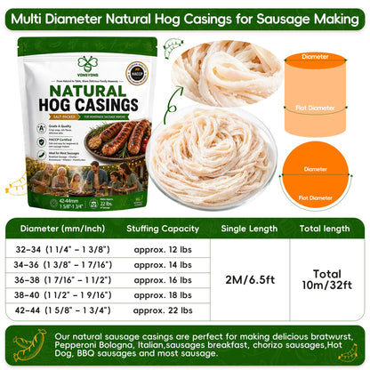 VONSYONG Natural Hog Sausage Casings, Grade A Edible Natural Casings For Breakfast, Italian, Pepperoni, Bratwurst, Bologna,Hot Dog, Pork Links Sausage Making,Hog Casings for Sausage,32ft/10M