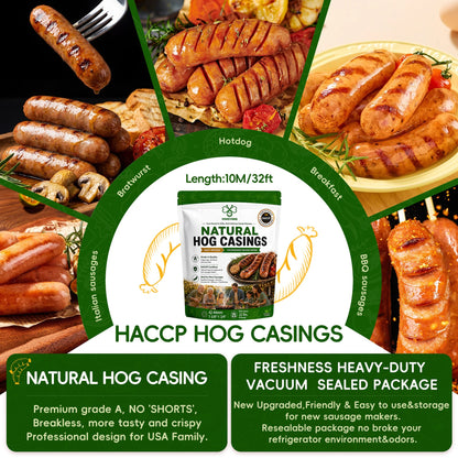 VONSYONG Natural Hog Sausage Casings, Grade A Edible Natural Casings For Breakfast, Italian, Pepperoni, Bratwurst, Bologna,Hot Dog, Pork Links Sausage Making,Hog Casings for Sausage,32ft/10M