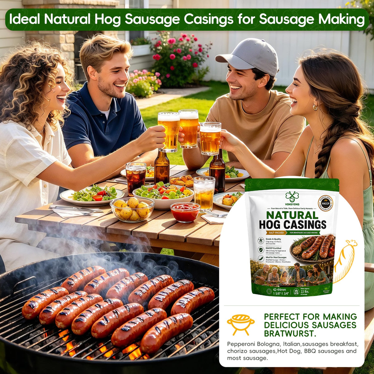 VONSYONG Natural Hog Sausage Casings, Grade A Edible Natural Casings For Breakfast, Italian, Pepperoni, Bratwurst, Bologna,Hot Dog, Pork Links Sausage Making,Hog Casings for Sausage,32ft/10M