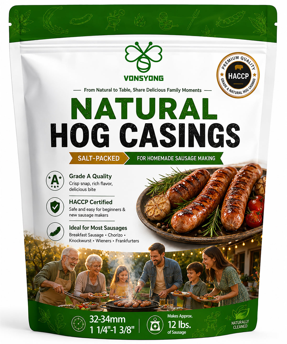 VONSYONG Natural Hog Sausage Casings, Grade A Edible Natural Casings For Breakfast, Italian, Pepperoni, Bratwurst, Bologna,Hot Dog, Pork Links Sausage Making,Hog Casings for Sausage,32ft/10M