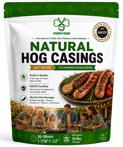 VONSYONG Natural Hog Sausage Casings, Grade A Edible Natural Casings For Breakfast, Italian, Pepperoni, Bratwurst, Bologna,Hot Dog, Pork Links Sausage Making,Hog Casings for Sausage,32ft/10M