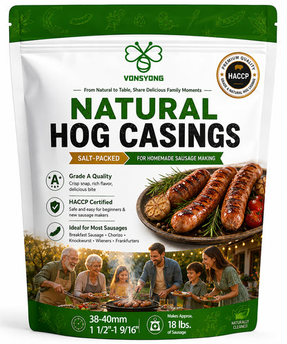 VONSYONG Natural Hog Sausage Casings, Grade A Edible Natural Casings For Breakfast, Italian, Pepperoni, Bratwurst, Bologna,Hot Dog, Pork Links Sausage Making,Hog Casings for Sausage,32ft/10M
